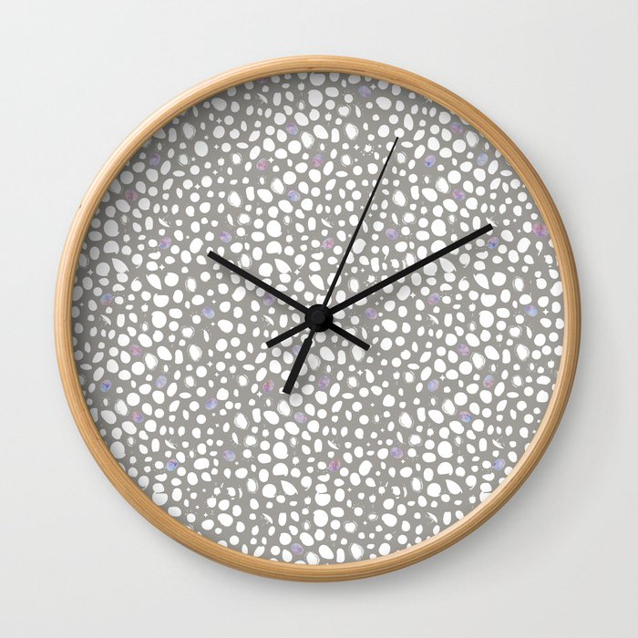 Leopard print pattern with watercolor shining dots grey white backround Wall Clock