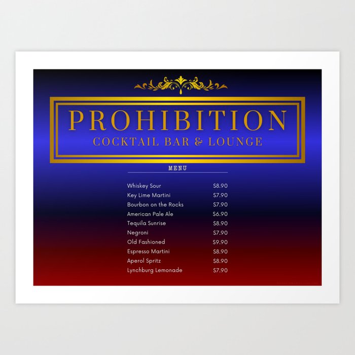 Prohibition Cocktail Bar and Lounge sapphire blue and oxblood red cocktail  aperitif alcoholic beverages bar menu and price list portrait in gold motif vintage poster Art Print