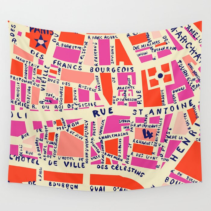 paris map pink Wall Tapestry