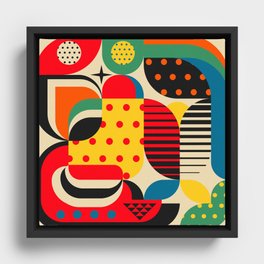 Colorful Happy Mood- Folk Art Style - Geometric Abstract Illustration - Jen Du Framed Canvas