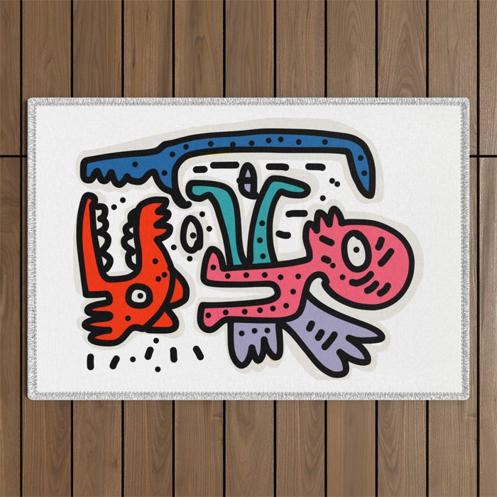 Blue Tree and Pink and Red Monsters Street Art Outdoor Rug