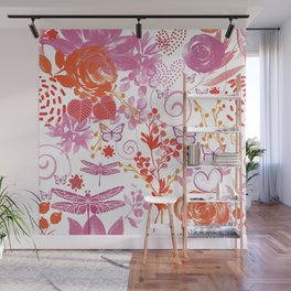 Red kitsch watercolor floral Wall Mural
