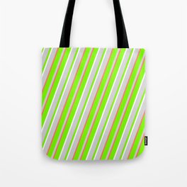 [ Thumbnail: Green, White, Light Gray & Salmon Colored Striped/Lined Pattern Tote Bag ]