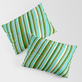[ Thumbnail: Turquoise, Beige, Dark Green, Green & Sky Blue Colored Pattern of Stripes Pillow Sham ]