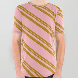 [ Thumbnail: Dark Goldenrod & Light Pink Colored Striped/Lined Pattern All Over Graphic Tee ]