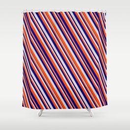 [ Thumbnail: Blue, Light Gray & Red Colored Lined Pattern Shower Curtain ]