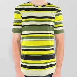 [ Thumbnail: Yellow, Dark Olive Green, Light Yellow, and Black Colored Lines Pattern All Over Graphic Tee ]
