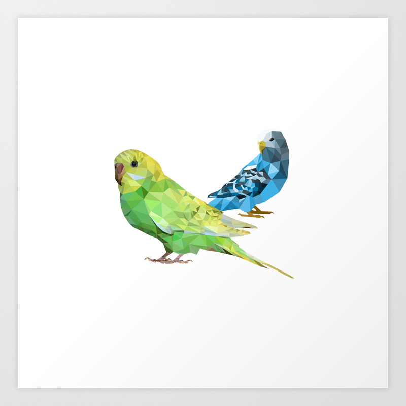 Geometric Green And Blue Parakeets Art Print By Linalittlefield Society6