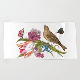 Bird with Tulip Carnations And Butterflies Acrylic Painting Beach Towel