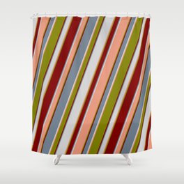 [ Thumbnail: Colorful Slate Gray, Light Gray, Dark Salmon, Green, and Maroon Colored Lined Pattern Shower Curtain ]