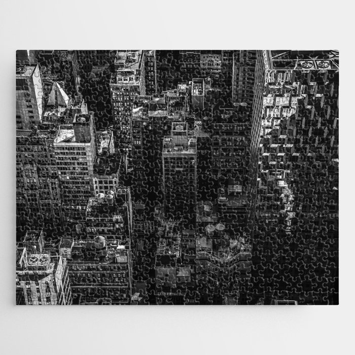 New York City skyscraper aerial view of Manhattan black and white Jigsaw Puzzle