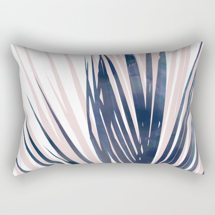 Contemporary Palm Leaf in Navy Blue and Blush Pink Rectangular Pillow