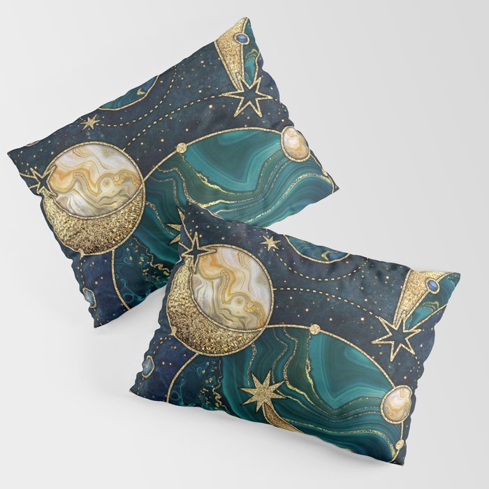 Celestial Starry Emerald Gold Cosmos Pillow Sham