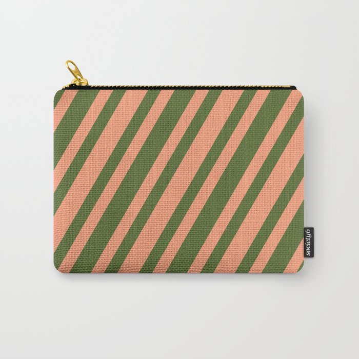 Dark Olive Green & Light Salmon Colored Lines Pattern Carry-All Pouch
