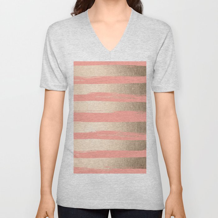 Painted Stripes Tahitian Gold on Coral Pink V Neck T Shirt