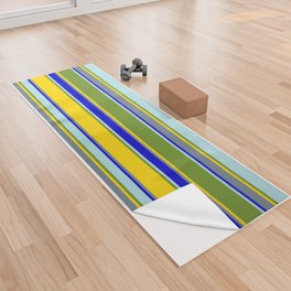 [ Thumbnail: Colorful Powder Blue, Green, Yellow, Slate Gray & Blue Colored Striped Pattern Yoga Towel ]