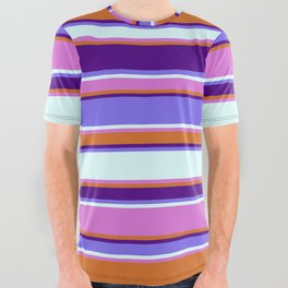 [ Thumbnail: Colorful Chocolate, Indigo, Medium Slate Blue, Light Cyan, and Orchid Colored Stripes Pattern All Over Graphic Tee ]