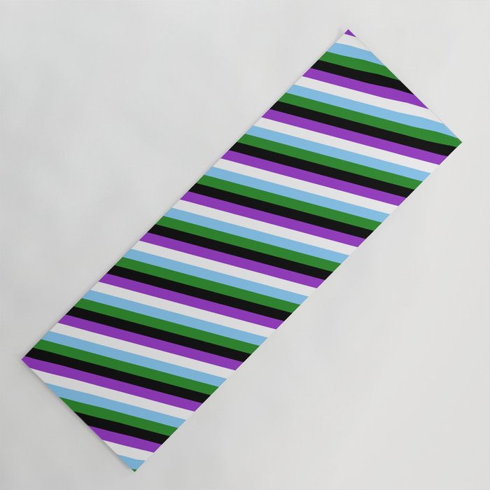 Eye-catching Dark Orchid, White, Light Sky Blue, Forest Green, and Black Colored Stripes Pattern Yoga Mat