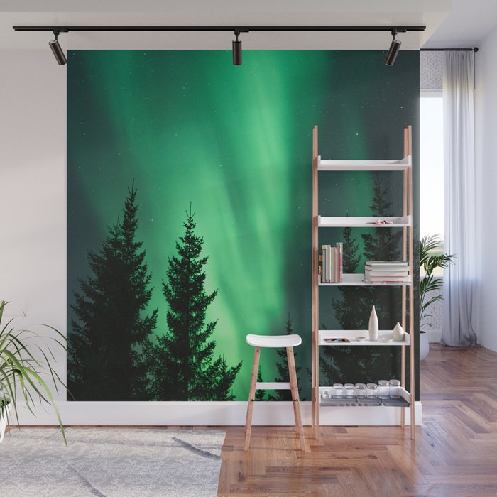 Northern Lights in the Woods Photo | Aurora Borealis in Norway Nature Art Print | Colorful Night Travel Photography Wall Mural