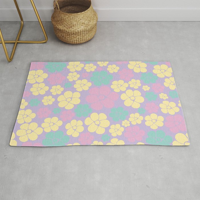 Flower Pattern - Pastel Pink, Yellow, Purple and Green Rug