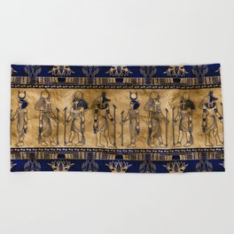 Egyptian Gods and Ornamental border - blue and gold Beach Towel