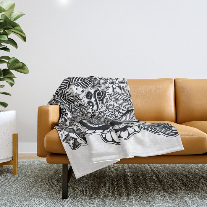 Ghibli  inspired black and white doodle art Throw Blanket