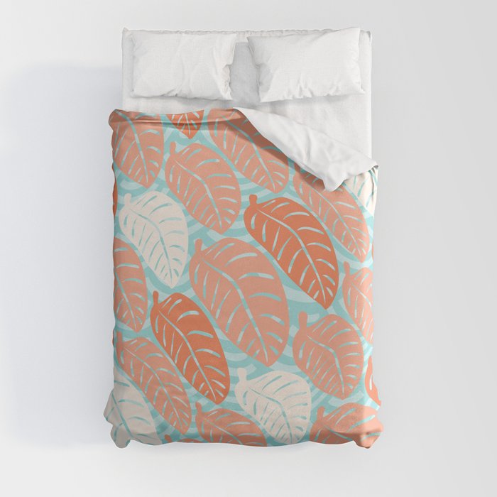 Colorful Tropical Leaves in Turquoise and Orange Duvet Cover