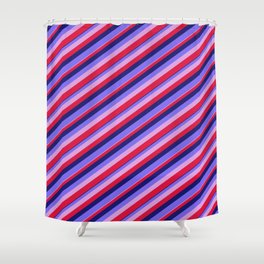 [ Thumbnail: Midnight Blue, Medium Slate Blue, Plum & Crimson Colored Stripes/Lines Pattern Shower Curtain ]