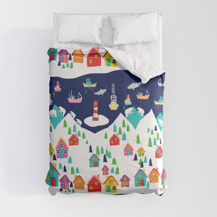 Scandinavian Rainbow Village and Fishing boats in the Fjord Comforter