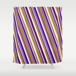 [ Thumbnail: Indigo, Purple, Dark Goldenrod & Light Yellow Colored Lined Pattern Shower Curtain ]