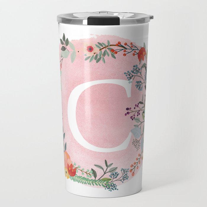 Flower Wreath with Personalized Monogram Initial Letter C on Pink Watercolor Paper Texture Artwork Travel Mug