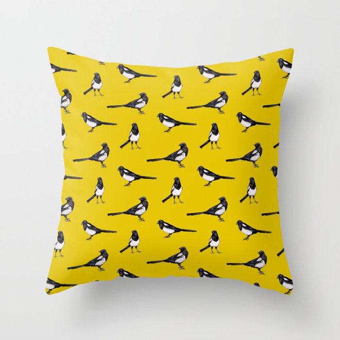 Magpies on Yellow - Bird Pattern Throw Pillow