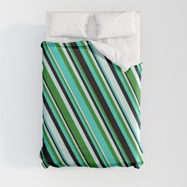 [ Thumbnail: Turquoise, Black, Light Cyan, and Forest Green Colored Stripes Pattern Duvet Cover ]