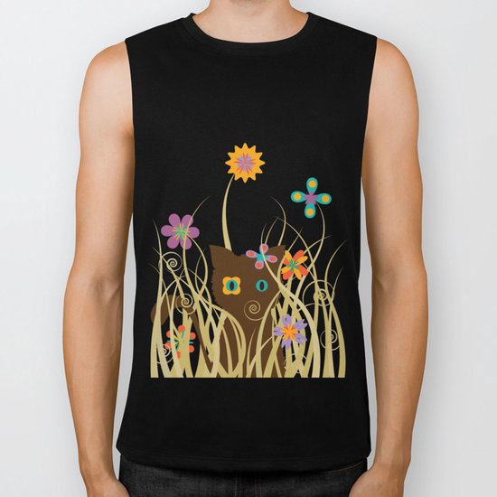 Whimsical Blooming Flowers and Brown Kitty Cat Biker Tank