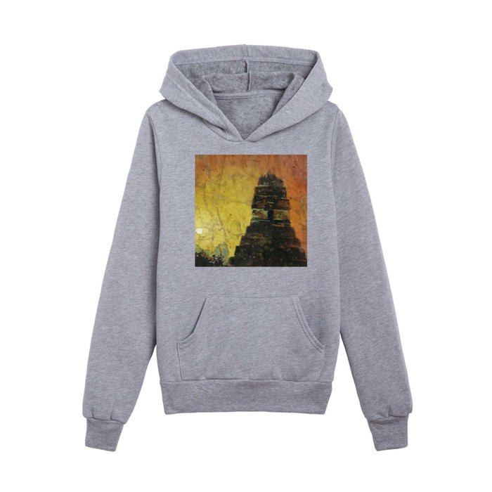 Mayan temple in the archaeological park of Tikal in Guatemala.  Sunrise Tikal fine art painting Kids Pullover Hoodie