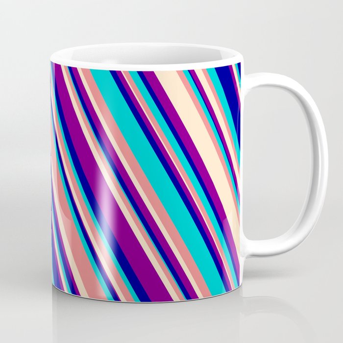 Light Coral, Bisque, Purple, Dark Blue, and Dark Turquoise Colored Lined/Striped Pattern Coffee Mug