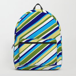 [ Thumbnail: Colorful Blue, Deep Sky Blue, Tan, Green & White Colored Lined Pattern Backpack ]