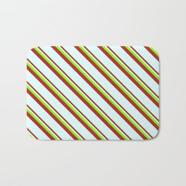 [ Thumbnail: Chartreuse, Red & Light Cyan Colored Lined/Striped Pattern Bath Mat ]