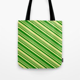 [ Thumbnail: Green & Tan Colored Stripes Pattern Tote Bag ]