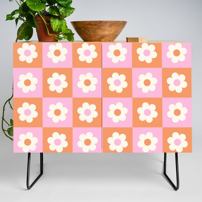Checkered Daisy in Orange and Pink Credenza