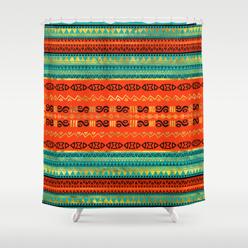 Ethnic Tribal Pattern Gold Orange And Teal Shower Curtain By