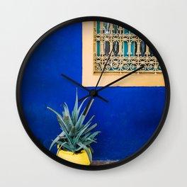 Moroccan Garden In Blue - Yellow Flower Pot - Agave Marrakesh Jardin Majorelle Photograph Wall Clock