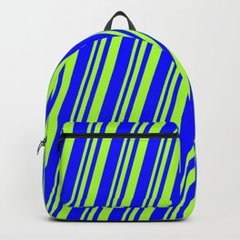 [ Thumbnail: Light Green and Blue Colored Striped/Lined Pattern Backpack ]