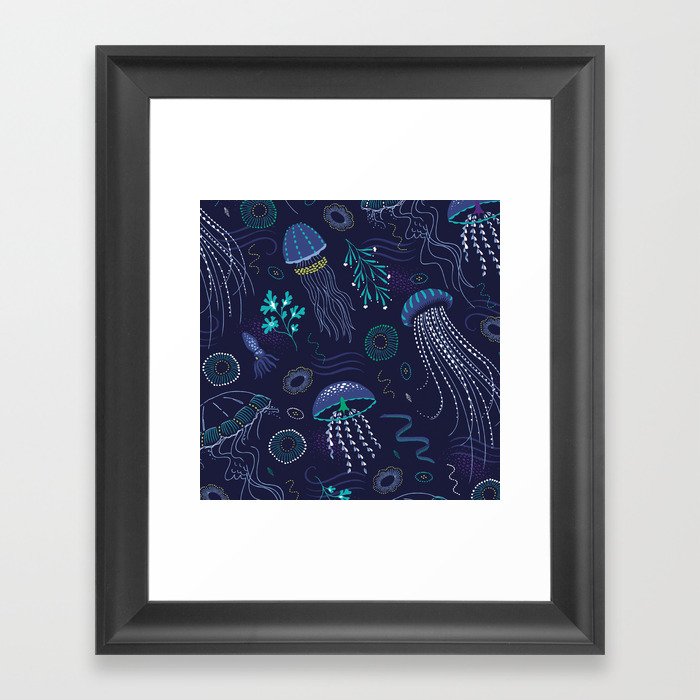 Into the Deep Jellies - Navy Framed Art Print