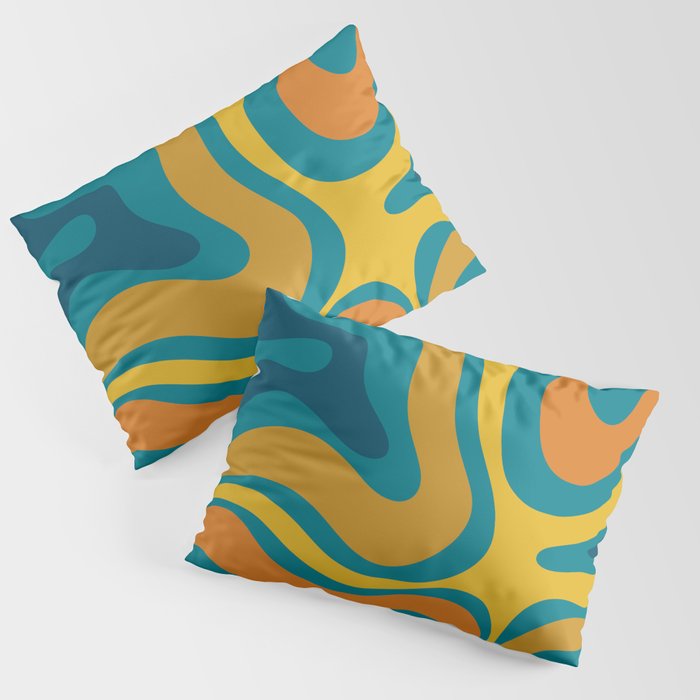 Modern Retro Liquid Swirl Abstract Pattern in Moroccan Teal Blue, Mustard, and Orange Pillow Sham