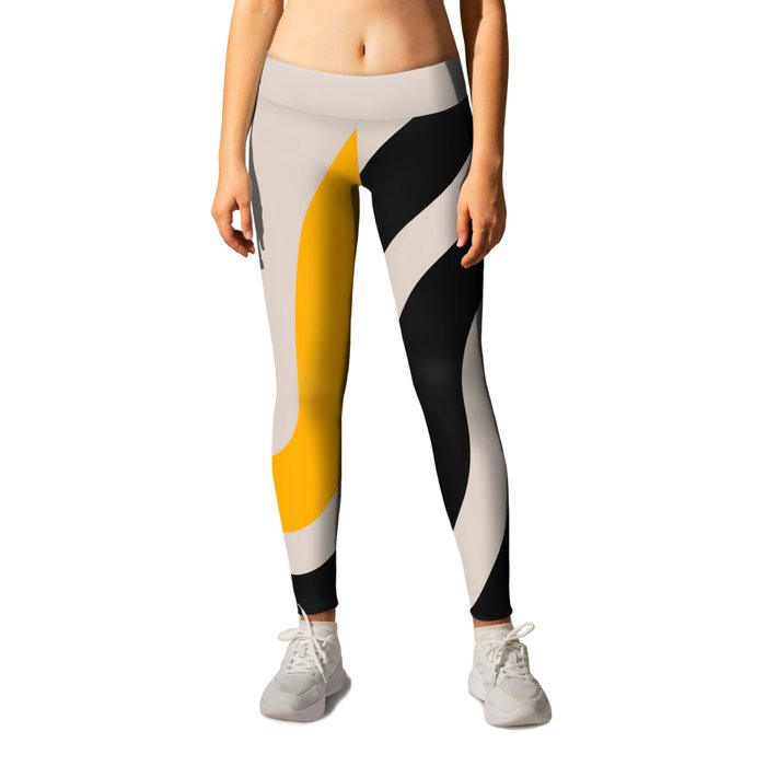 Retro 70s Wavy Stripes Abstract Black White Yellow Leggings