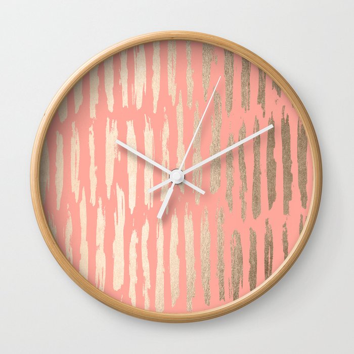 Vertical Dash Tahitian Gold on Coral Pink Stripes Wall Clock