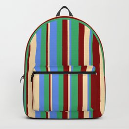 [ Thumbnail: Beige, Cornflower Blue, Sea Green, and Dark Red Colored Lines/Stripes Pattern Backpack ]