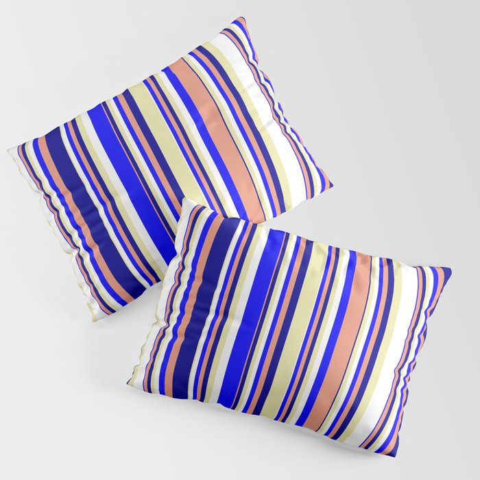 Pale Goldenrod, White, Blue, Dark Salmon, and Dark Blue Colored Pattern of Stripes Pillow Sham
