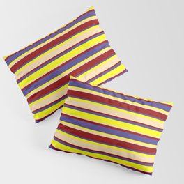 [ Thumbnail: Dark Red, Dark Slate Blue, Yellow & Tan Colored Stripes Pattern Pillow Sham ]